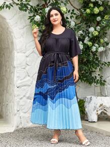 Mulvari Plus Colourblock Pleated Hem Belted Dress - Black - View 4