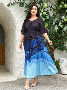 Mulvari Plus Colourblock Pleated Hem Belted Dress - Black - View 3