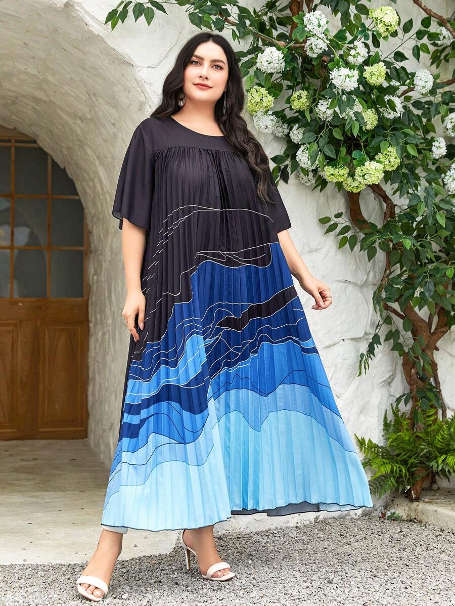 Mulvari Plus Colourblock Pleated Hem Belted Dress - Black - View 1