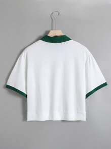 SHEIN EZwear Áo thun nữ Tương phản ren Dây kéo Tương phản ràng buộc Khối Màu Lá thư Giải trí - trắng - Xem 2