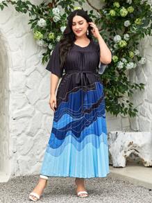 Mulvari Plus Colourblock Pleated Hem Belted Dress - Black - View 6