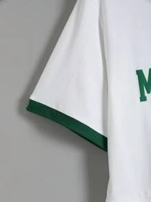 SHEIN EZwear Áo thun nữ Tương phản ren Dây kéo Tương phản ràng buộc Khối Màu Lá thư Giải trí - trắng - Xem 4