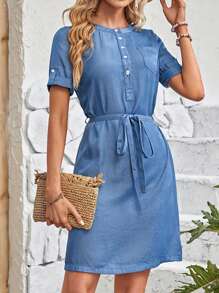 EMERY ROSE 捲邊袖繫腰帶連衣裙 - 霧霾藍 - 查看 1