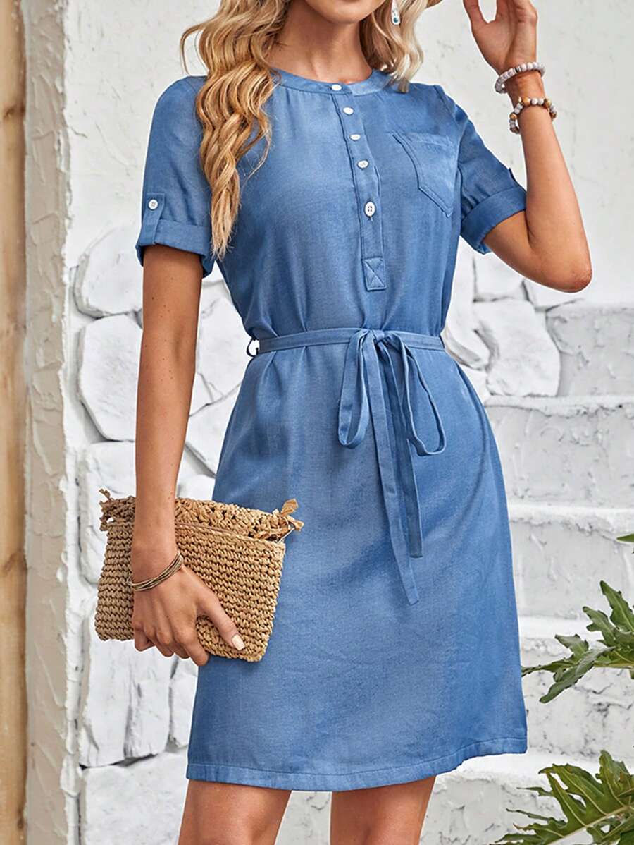 EMERY ROSE 捲邊袖繫腰帶連衣裙 - 霧霾藍 - 查看 1