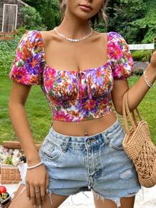 SHEIN VCAY Floral Print Knot Front Crop Blouse - Multicolor - View 1