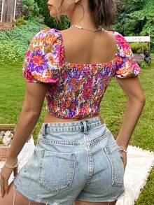 SHEIN VCAY Floral Print Knot Front Crop Blouse - Multicolor - View 2