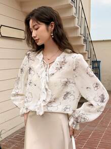 DAZY Floral Print Ruffle Trim Flare Sleeve Blouse - Beige - View 1