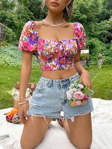 SHEIN VCAY Floral Print Knot Front Crop Blouse - Multicolor - View 4