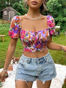 SHEIN VCAY Floral Print Knot Front Crop Blouse - Multicolor - View 5