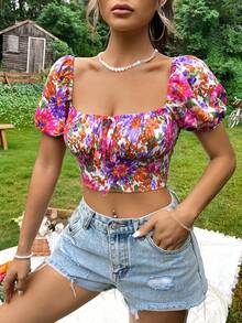 SHEIN VCAY Floral Print Knot Front Crop Blouse - Multicolor - View 6
