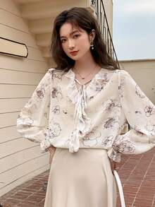 DAZY Floral Print Ruffle Trim Flare Sleeve Blouse - Beige - View 4