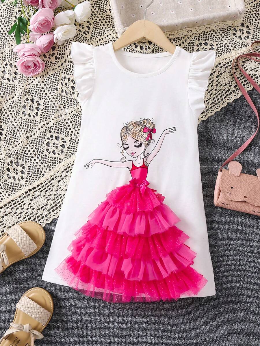 SHEIN Vestido informal con estampado de bailarina de retrato blanco para chica joven con dobladillo con volantes y mangas cortas para el verano - Blanco - Ver 1