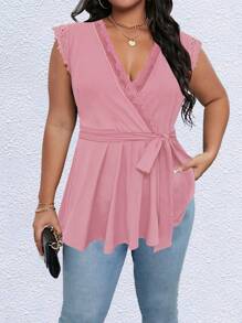 SHEIN Clasi Plus Lace Trim Belted Peplum Tee - Dusty Pink - View 1