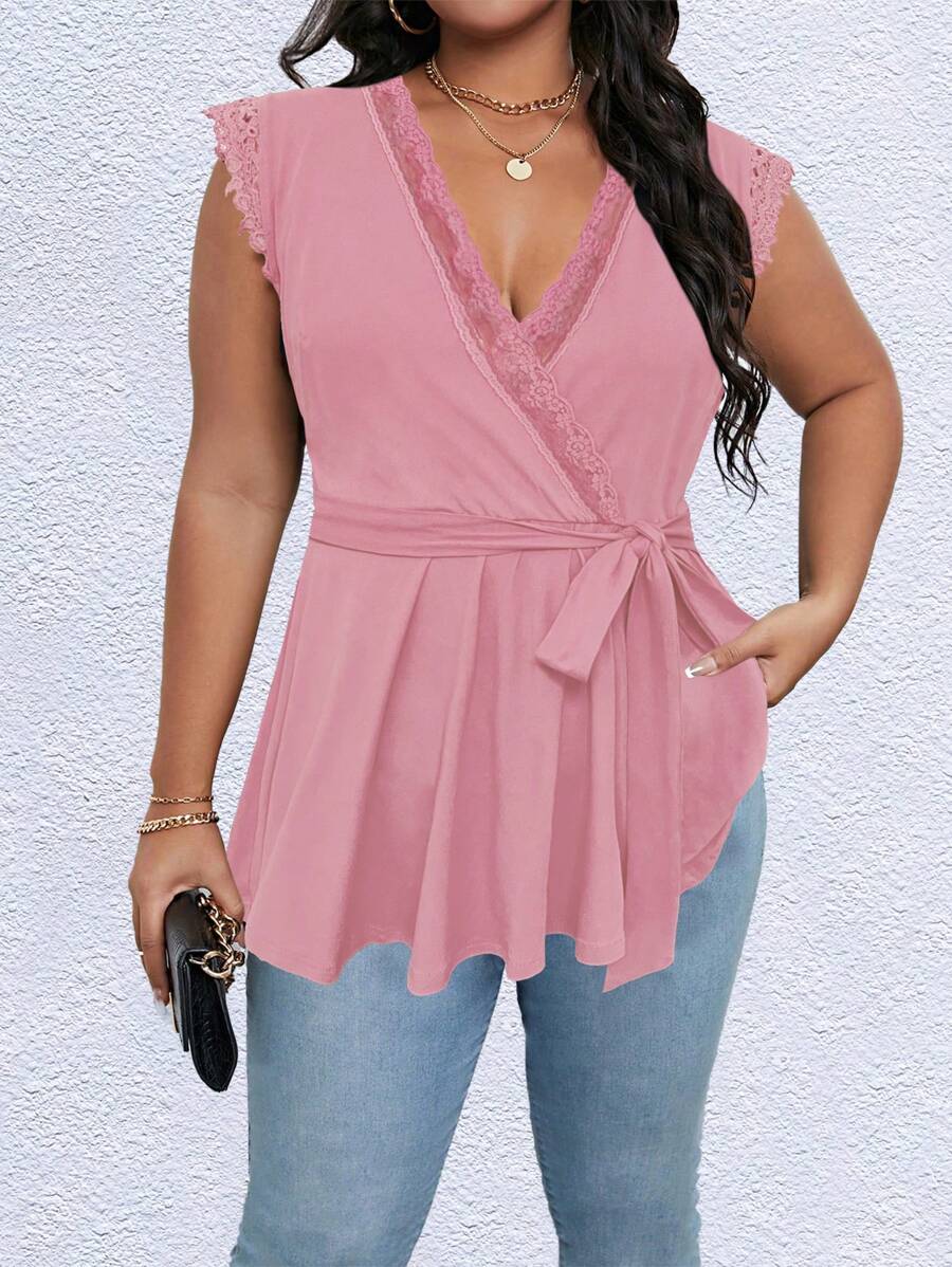 SHEIN Clasi Plus Lace Trim Belted Peplum Tee - Dusty Pink - View 1