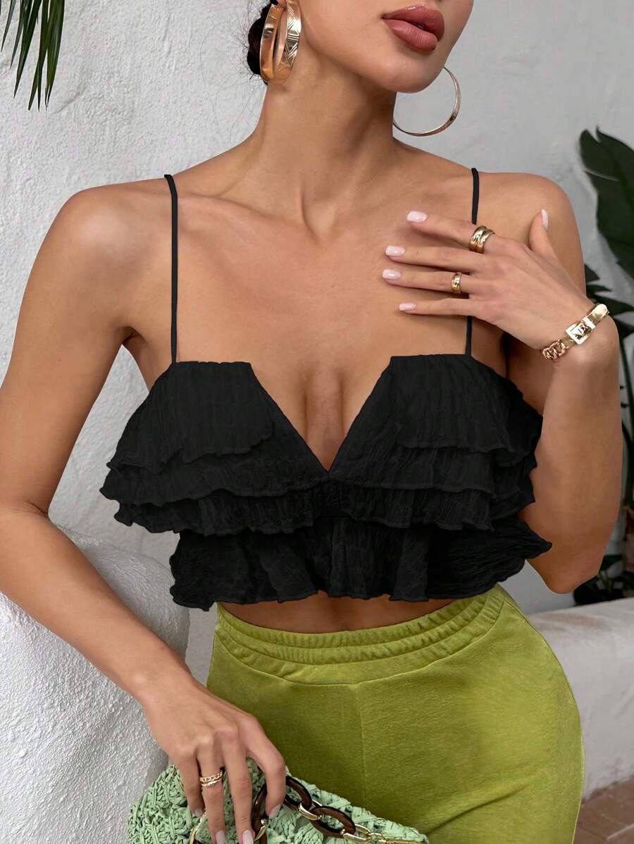 SHEIN SXY Top de tirantes crop ribete con fruncido - Negro - Ver 1