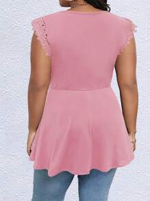 SHEIN Clasi Plus Lace Trim Belted Peplum Tee - Dusty Pink - View 2