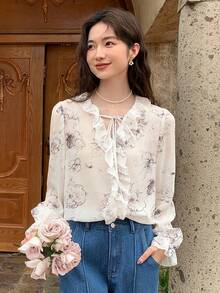 DAZY Floral Print Ruffle Trim Flare Sleeve Blouse - Beige - View 6