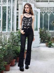 ROMWE Goth Áo khoác và áo lót dành cho xe tăng nữ Bất đối xứng Tương phản ren Tất cả trên in Giải trí - màu đen - Xem 5