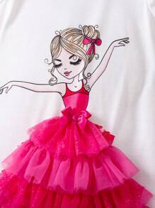 SHEIN Vestido informal con estampado de bailarina de retrato blanco para chica joven con dobladillo con volantes y mangas cortas para el verano - Blanco - Ver 6