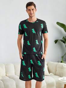 Men 1pc Cartoon Dinosaur Print Tee & 1pc Shorts PJ Set - Black - View 2