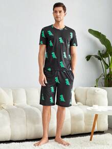 Men 1pc Cartoon Dinosaur Print Tee & 1pc Shorts PJ Set - Black - View 5