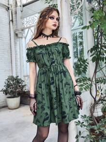 ROMWE Goth Đầm viền lá sen Tất cả trên in Giải trí - màu xanh lá - Xem 1