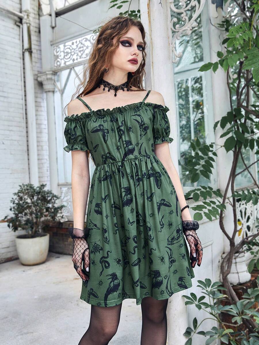 ROMWE Goth Đầm viền lá sen Tất cả trên in Giải trí - màu xanh lá - Xem 1