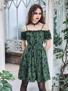 ROMWE Goth Đầm viền lá sen Tất cả trên in Giải trí - màu xanh lá - Xem 3