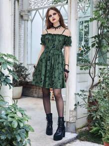 ROMWE Goth Đầm viền lá sen Tất cả trên in Giải trí - màu xanh lá - Xem 5