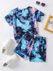 SHEIN 小女童愛心圖案紮染T恤和短褲套裝 - 彩色 - 查看 2