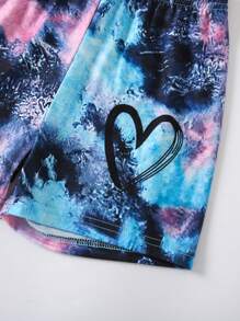 SHEIN 小女童愛心圖案紮染T恤和短褲套裝 - 彩色 - 查看 5