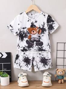 Conjunto de camiseta y pantalones cortos con estampado de oso teñido anudado para niños pequeños - Blanco y Negro - Ver 1