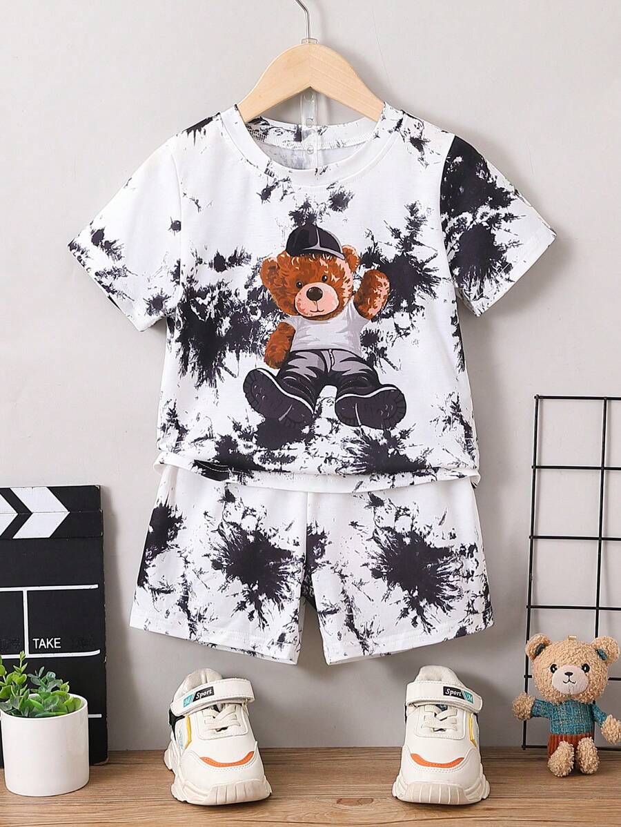Conjunto de camiseta y pantalones cortos con estampado de oso teñido anudado para niños pequeños - Blanco y Negro - Ver 1