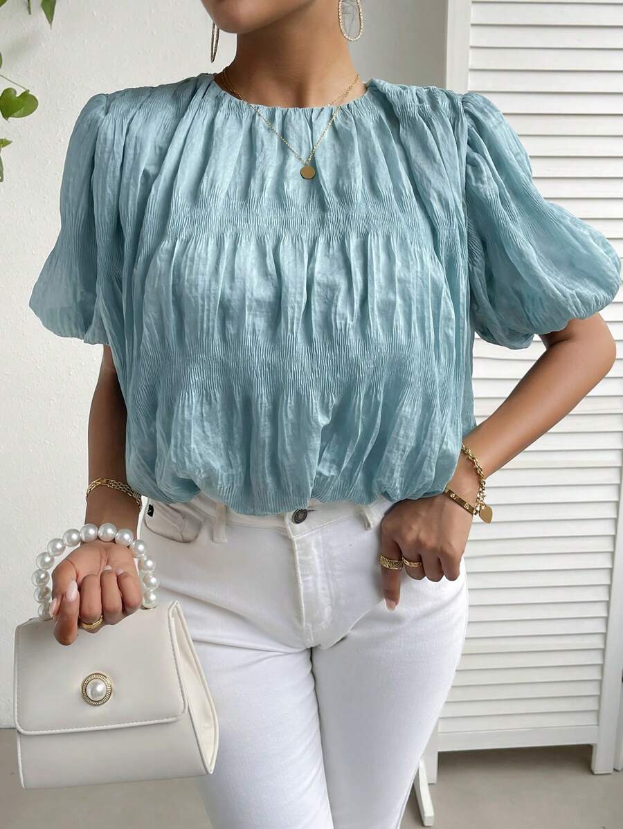 SHEIN Privé Áo sơ mi nữ màu trơn Giải trí - Màu xanh lam - Xem 1