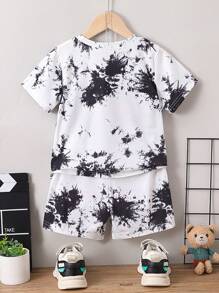 Conjunto de camiseta y pantalones cortos con estampado de oso teñido anudado para niños pequeños - Blanco y Negro - Ver 2