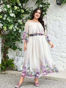 Modelyn Blommig Elegant Plus Size Kjol - Vitt - Visa 3