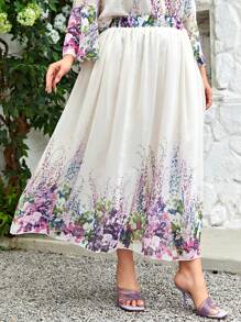 Modelyn Blommig Elegant Plus Size Kjol - Vitt - Visa 4