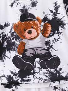 Conjunto de camiseta y pantalones cortos con estampado de oso teñido anudado para niños pequeños - Blanco y Negro - Ver 5
