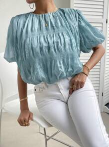 SHEIN Privé Áo sơ mi nữ màu trơn Giải trí - Màu xanh lam - Xem 5