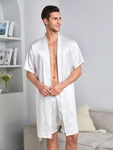 Hombres Conjunto de pijama Bata unicolor con cinturón de satén & Shorts - Blanco - Ver 6