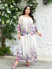 Modelyn Blommig Elegant Plus Size Kjol - Vitt - Visa 6