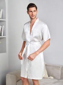 Hombres Conjunto de pijama Bata unicolor con cinturón de satén & Shorts - Blanco - Ver 4