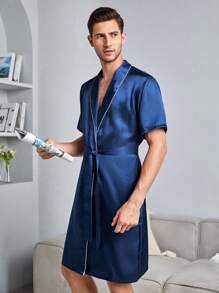 Áo choàng giản dị Nam Thắt lưng màu trơn - Màu xanh hải quân - Xem 2