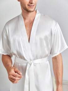 Hombres Conjunto de pijama Bata unicolor con cinturón de satén & Shorts - Blanco - Ver 5