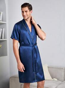 Áo choàng giản dị Nam Thắt lưng màu trơn - Màu xanh hải quân - Xem 5