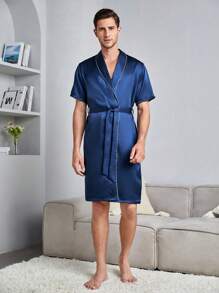 Áo choàng giản dị Nam Thắt lưng màu trơn - Màu xanh hải quân - Xem 7