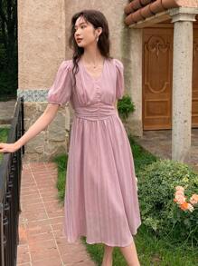 DAZY 泡泡袖抽褶腰連衣裙 - 粉色 - 查看 4