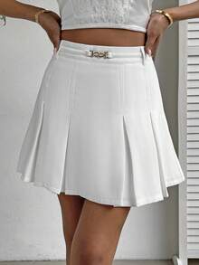 SHEIN Privé 素色鏈條細節百褶半身裙 - 白色 - 查看 4