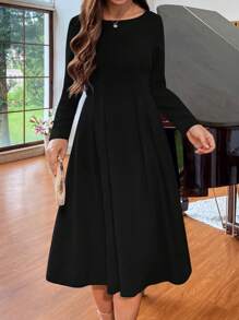 Celure Đầm Plus Size màu trơn Thanh lịch - màu đen - Xem 4