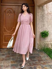 DAZY 泡泡袖抽褶腰連衣裙 - 粉色 - 查看 6